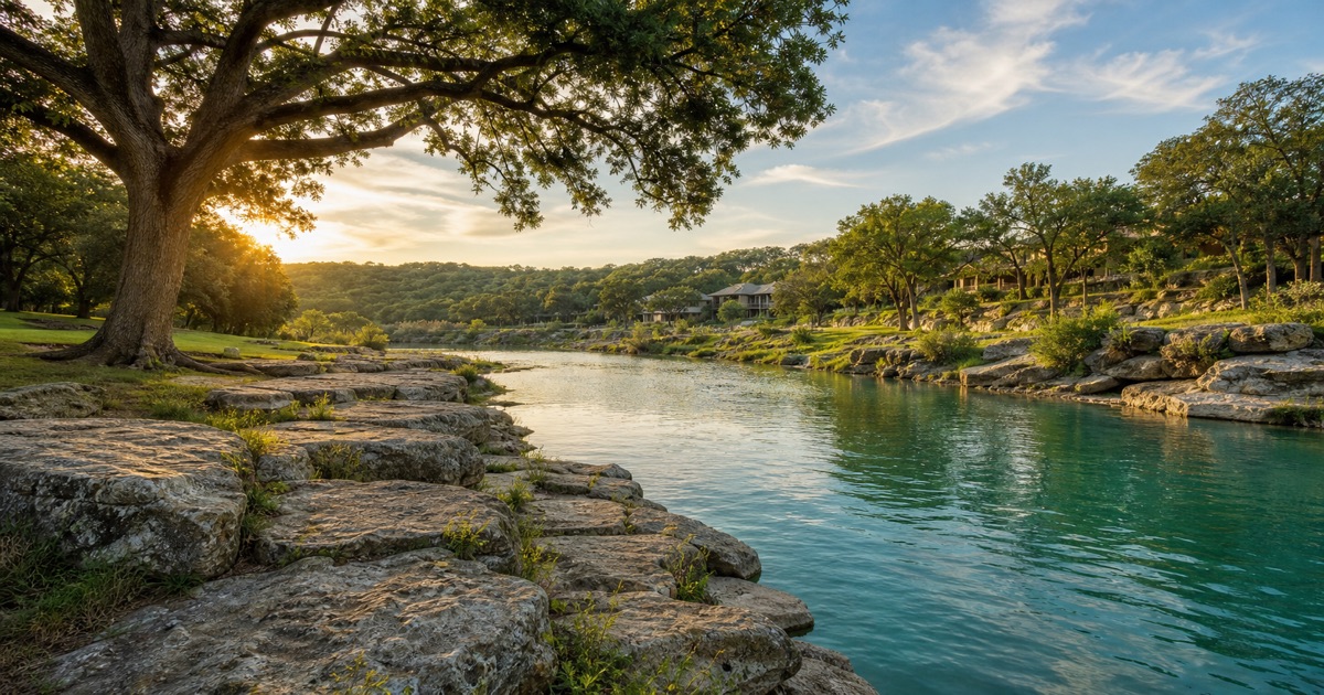 New Braunfels Central Texas Hill Country river and oak trees